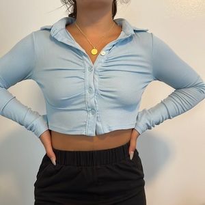 rouched baby blue long sleeve top